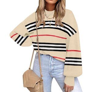 Women's Beige Batwing Long Sleeve Crew Neck Striped Oversized Pullover Sweater